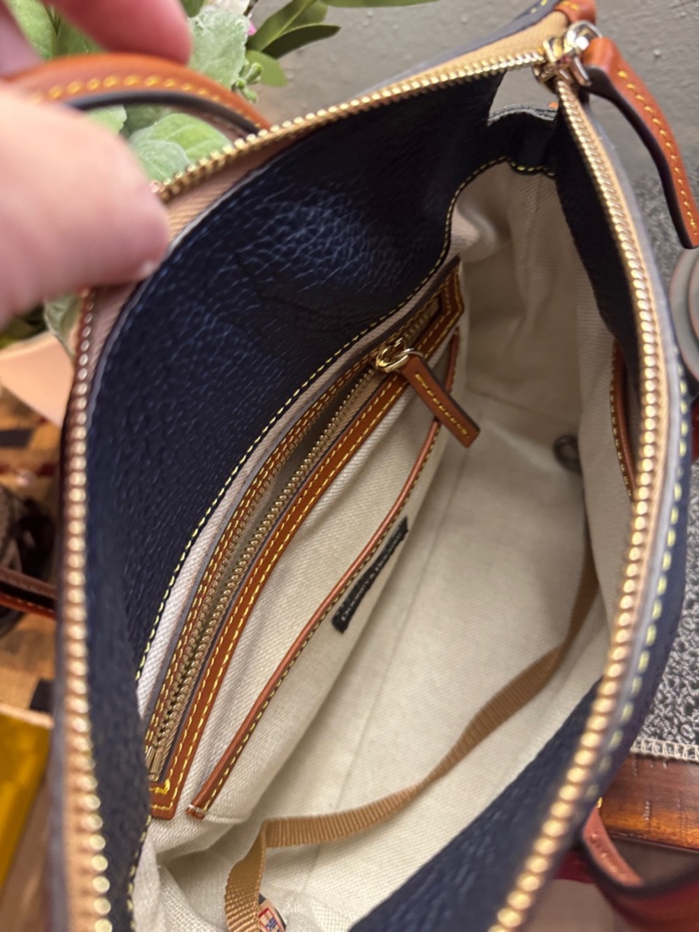 Dooney & Bourke Navy Pebbled Leather Crossbody Satchel with Brown Trim - Picture 4 of 10